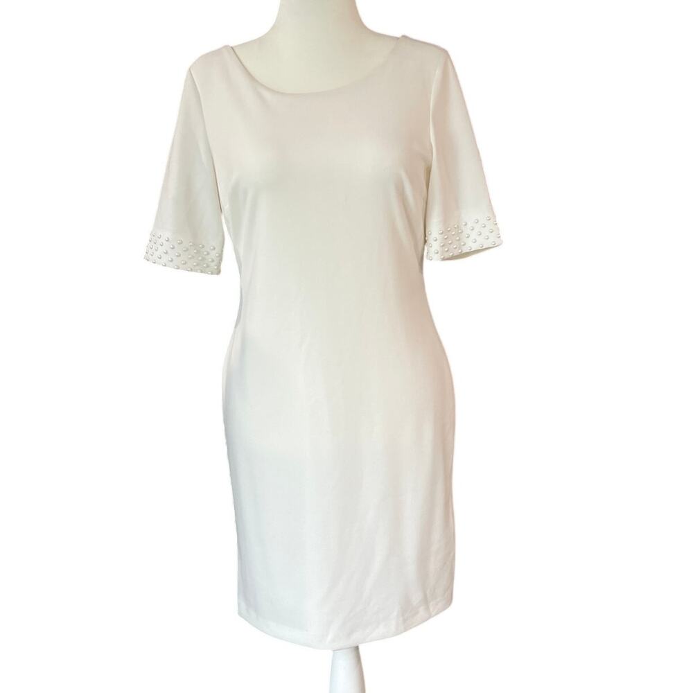 Karl Lagerfeld Paris White Pearl Embellished Sheath Dress Women's Size 8 *Read